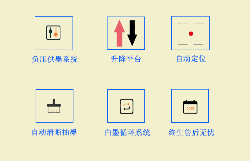 9060uv萬能打印機采用的是負壓供墨系統(tǒng)，超強吸附平臺，噴頭加熱恒溫，自動清晰抽墨系統(tǒng)，白墨循環(huán)系統(tǒng)，以及終生售后無憂